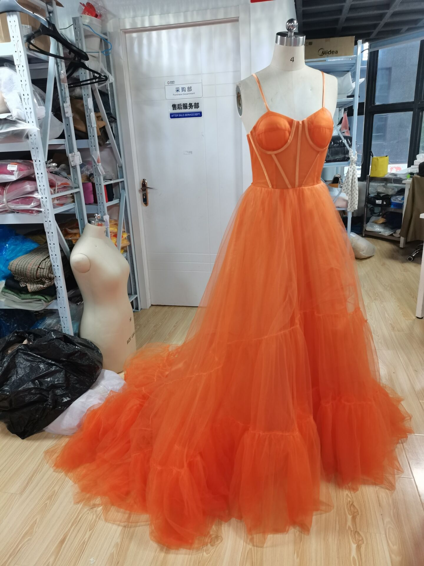 Spaghetti Straps Orange Tulle Evening Dress,Sexy Prom Gown Y1243