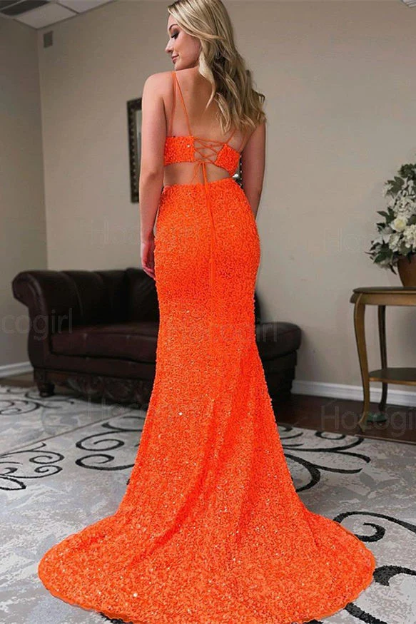 Two Piece Orange Sequins Long Prom Dress Y995