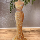 Gold Sparkly Mermaid Prom Dresses Beaded Crystals One Shoulder Evening Y62