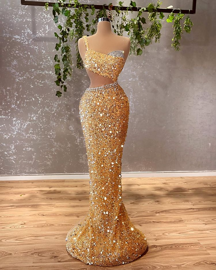 Gold Sparkly Mermaid Prom Dresses Beaded Crystals One Shoulder Evening Y62