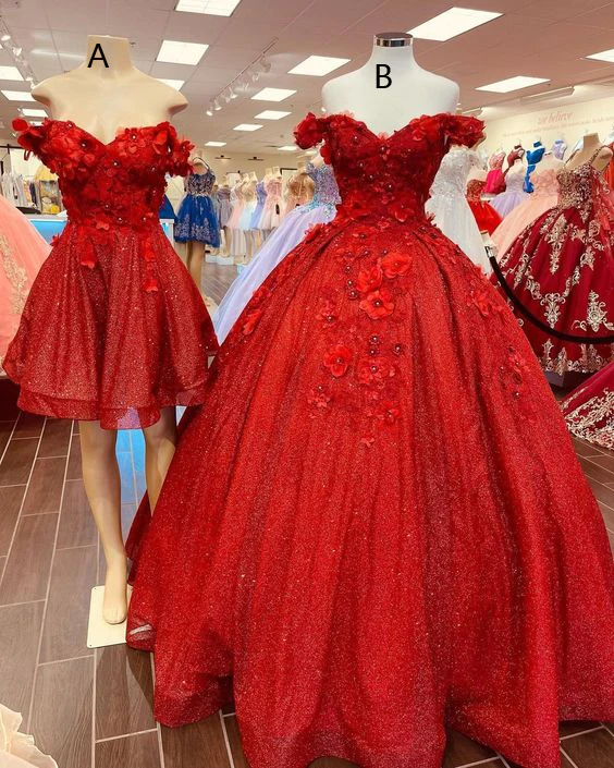 Sparkly Red Ball Gown Off The Shoulder Princess Dress Sweet 15 Dress  Y1211