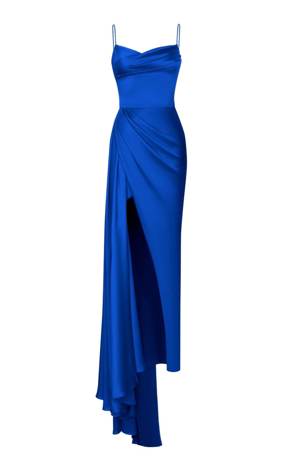 Spaghetti Straps Satin Simple Long Prom Dress  DRAPED SATIN GOWN WITH A TRAIN S21100