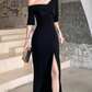 Black One Shoulder Slit Long Evening Dress, Black Formal Dress Prom Dress Y946