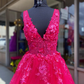 V Neck Pink Lace Prom Dresses, Pink V Neck Long Lace Formal Evening Dresses Y227