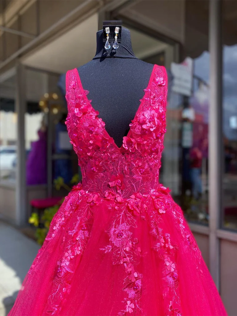V Neck Pink Lace Prom Dresses, Pink V Neck Long Lace Formal Evening Dresses Y227