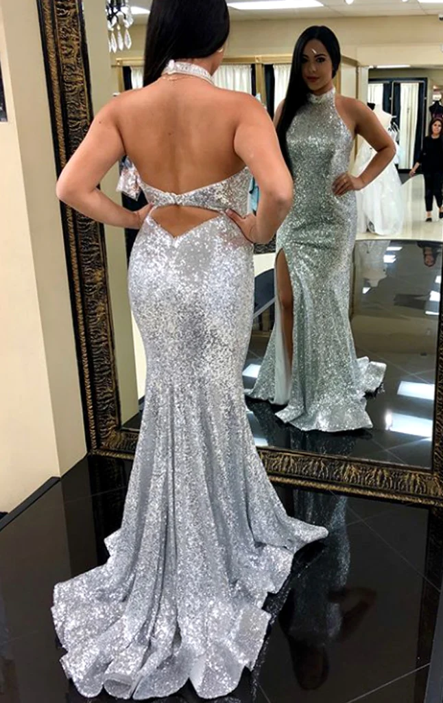 Halter Mermaid Sequin Prom Dress Silver Formal Evening Gown Y1506