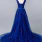 Romantic Tulle & Lace V-neck Neckline A-line Prom Dress With Beaded Lace Appliques & Belt  Y938