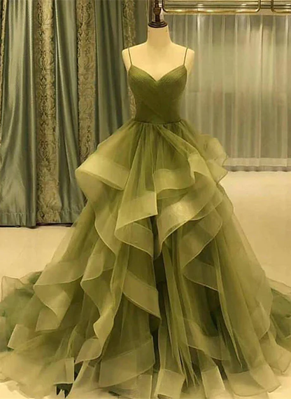 Green Straps Sweetheart Tulle Long Evening Dress, Green Layered Tulle Prom Dress Y987