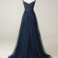 A-line Navy Blue Prom Dress Lace Tulle Evening Dress Y382