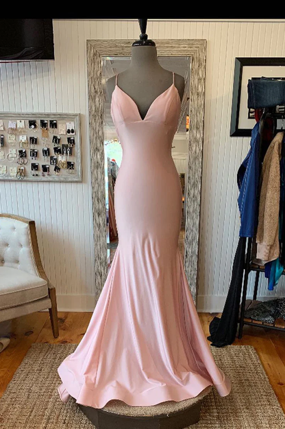 Elegant Mermaid V Neck Lace-Up Back Pink Long Prom Dress Y1528