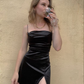 Black Spaghetti Straps Satin Long Prom Dress Front Side Split Classic Prom Gown Y696