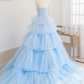 Winter Blue Tulle Long Prom Dress, Blue Layered Tulle Evening Dress Y393