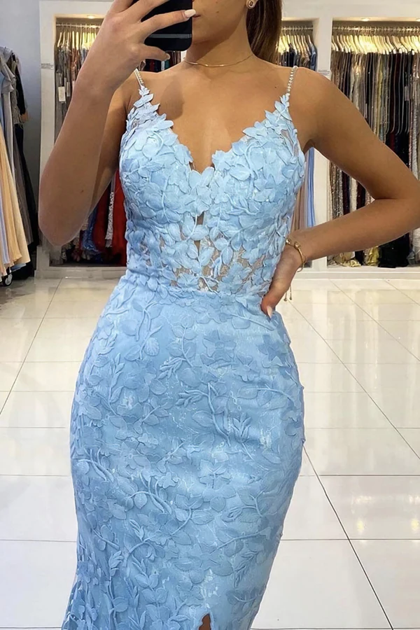 Mermaid V Neck Backless Blue Lace Long Prom Dress, Mermaid Blue Lace Formal Dress, Blue Lace Evening Dress Y1465