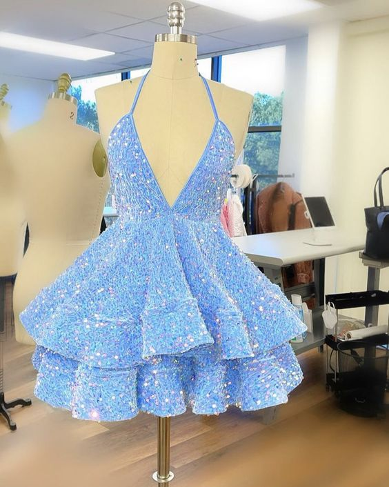 Blue Sequin Short Party Dress Homecoming Dress Y1408