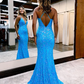 Charming Mermaid V Neck Blue Lace Sequins Long Prom Dresses Y1001