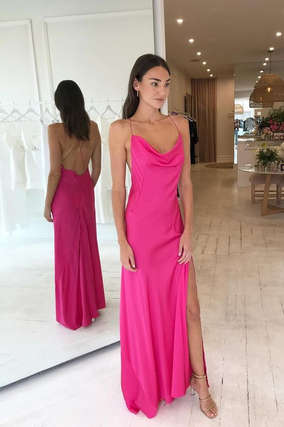Simple Hot Pink Criss Cross Long Evening Dresses Silk Satin Prom Dress With Slit Y63