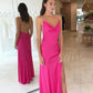 Simple Hot Pink Criss Cross Long Evening Dresses Silk Satin Prom Dress With Slit Y63