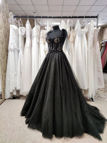 Sparkly black prom dress night corset neckline fairy tale tulle princess bride bridal gothic dark queen night alternative bride S21673