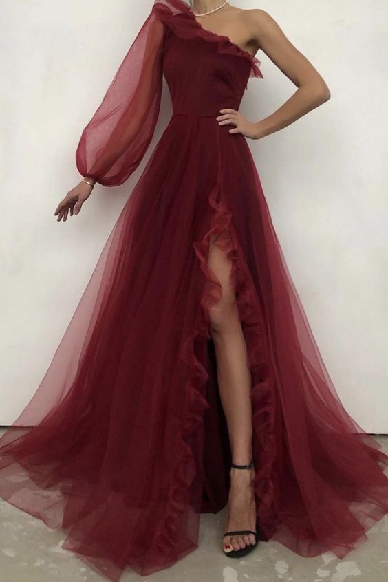 Burgundy tulle prom dress one shoulder evening dress S17925