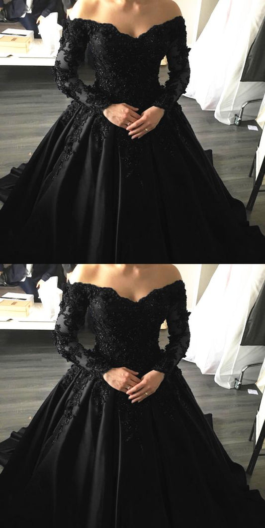 Black Lace Appliques Long Sleeves Ball Gowns Prom Dresses S14044