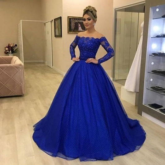Royal blue prom dresses, off the shoulder prom dresses, long sleeve prom dresses  S17004