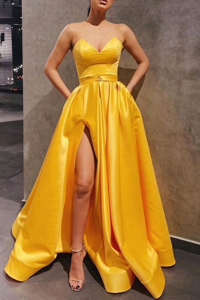 Strapless Sweetheart Neck Yellow Satin Long Prom Dress, Long Yellow Formal Graduation Evening Dress with Slit S20761