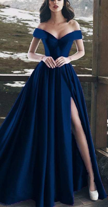 Navy Blue Evening Gowns Long Satin Split Prom Dresses S6535