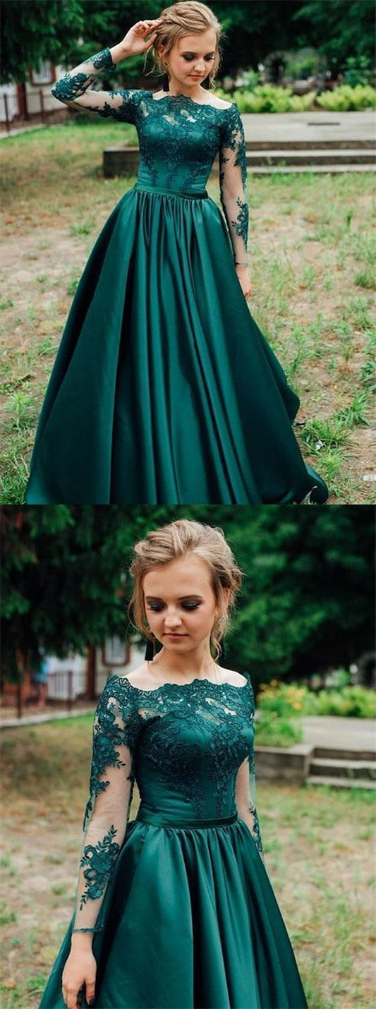 Gorgeous Prom Dress,Dark Green Prom Dress,Long Sleeves Prom Dress,Lace Prom Dress S9362