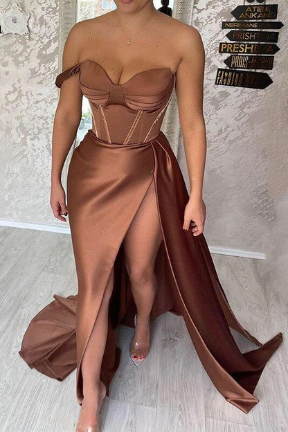 Chocolate Sweetheart Formal Evening Gowns Sexy Corset Prom Dresses,Side Split Satin Party Dress Y54