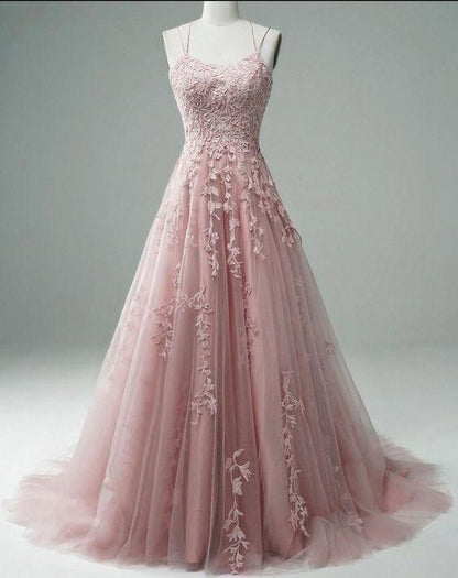 Pink Spaghetti Straps Tulle Appliques Prom Dress Senior Prom Dress Y40