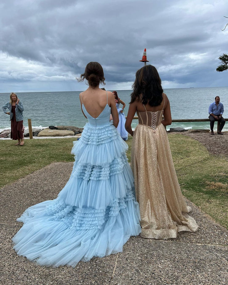 Charming A Line V Neck Light Blue Tulle Long Prom Dresses Y1477