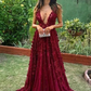 Charming A Line V Neck Burgundy Lace Prom Dresses, Chic Evening Party Dresses Y800
