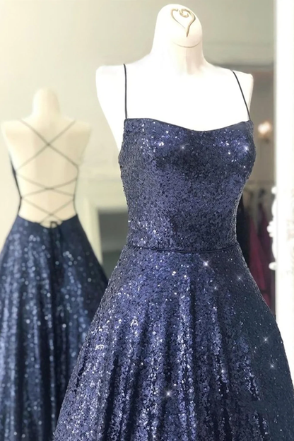 Sparkly Backless Navy Blue Long Prom Dresses, Open Back Long Navy Blue Formal Evening Dresses Y875