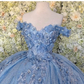 Off the shoulder blue ball gown , sparkly prom dress with flowers S26908