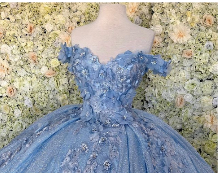 Off the shoulder blue ball gown , sparkly prom dress with flowers S26908