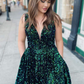 Sparkly Dark Green Sequins Long Prom Dress with Pockets Y347
