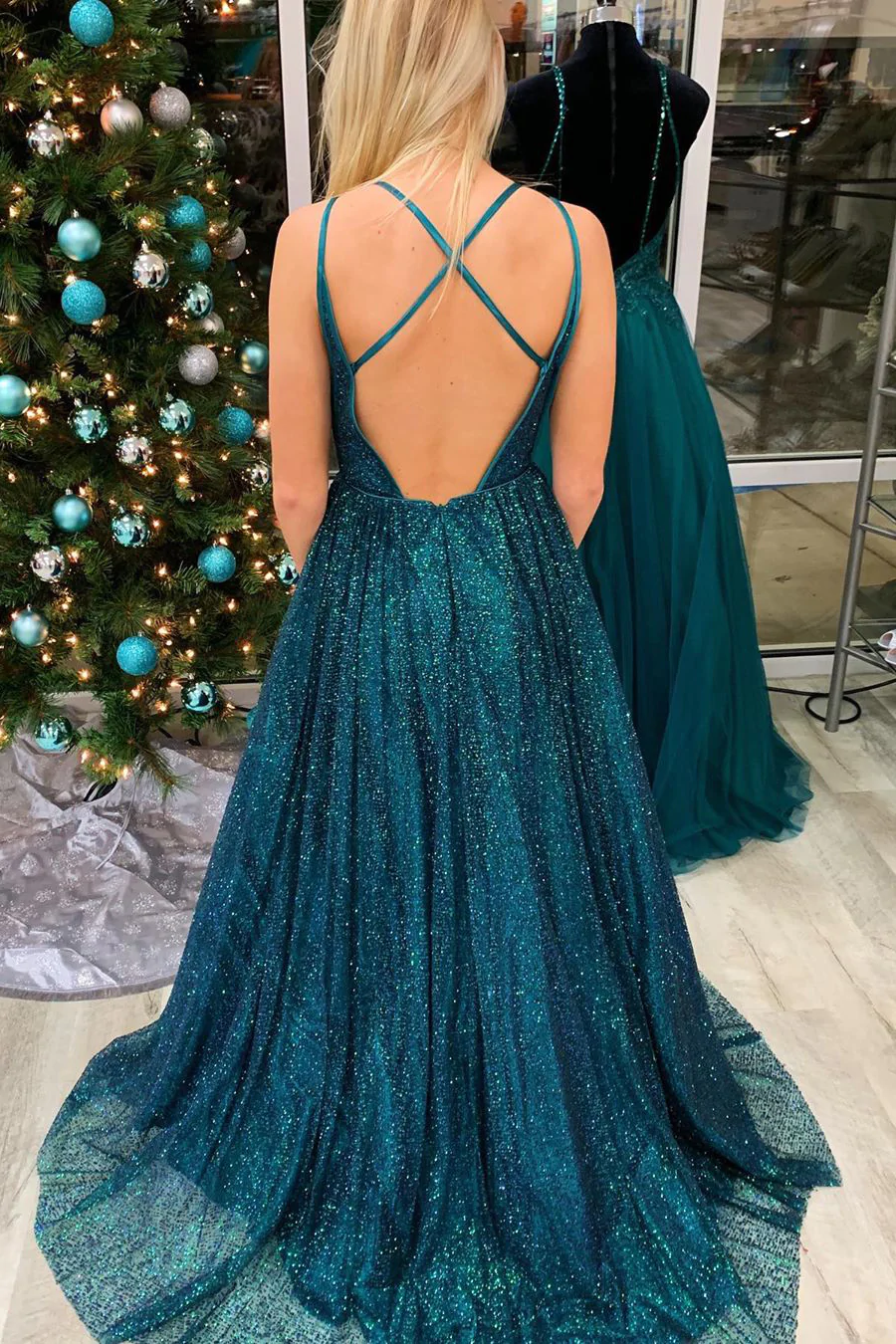 Glitter A-Line Teal Long Prom Dress with Spaghetti Straps Y339