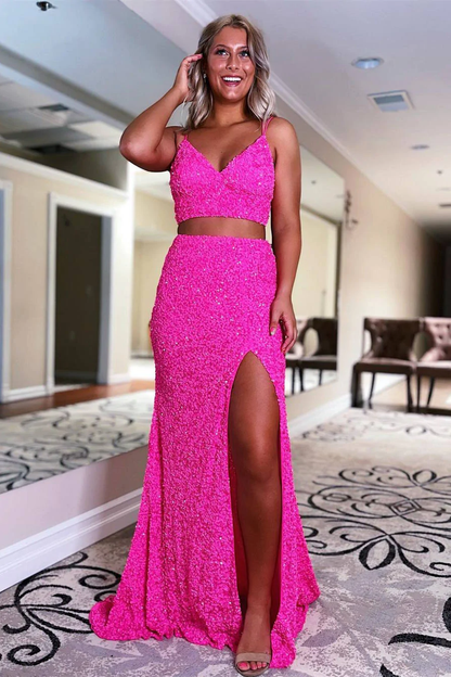 Two Piece Orange Sequins Long Prom Dress Y995