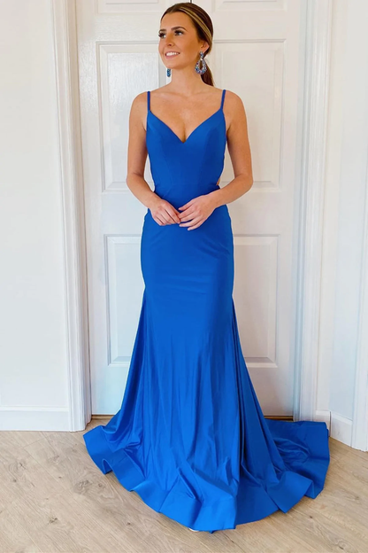 Mermaid Open Back V Neck Blue Long Prom Dresses, Blue Mermaid Formal Dresses, V Neck Blue Evening Dresses Y355