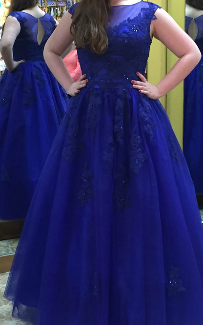 Royal Blue Beading Appliques A-Line/Princess Tulle Prom Dresses Y1196