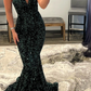 Sparkly Mermaid Strapless Dark Green Sequins Long Prom Dresses Y1494