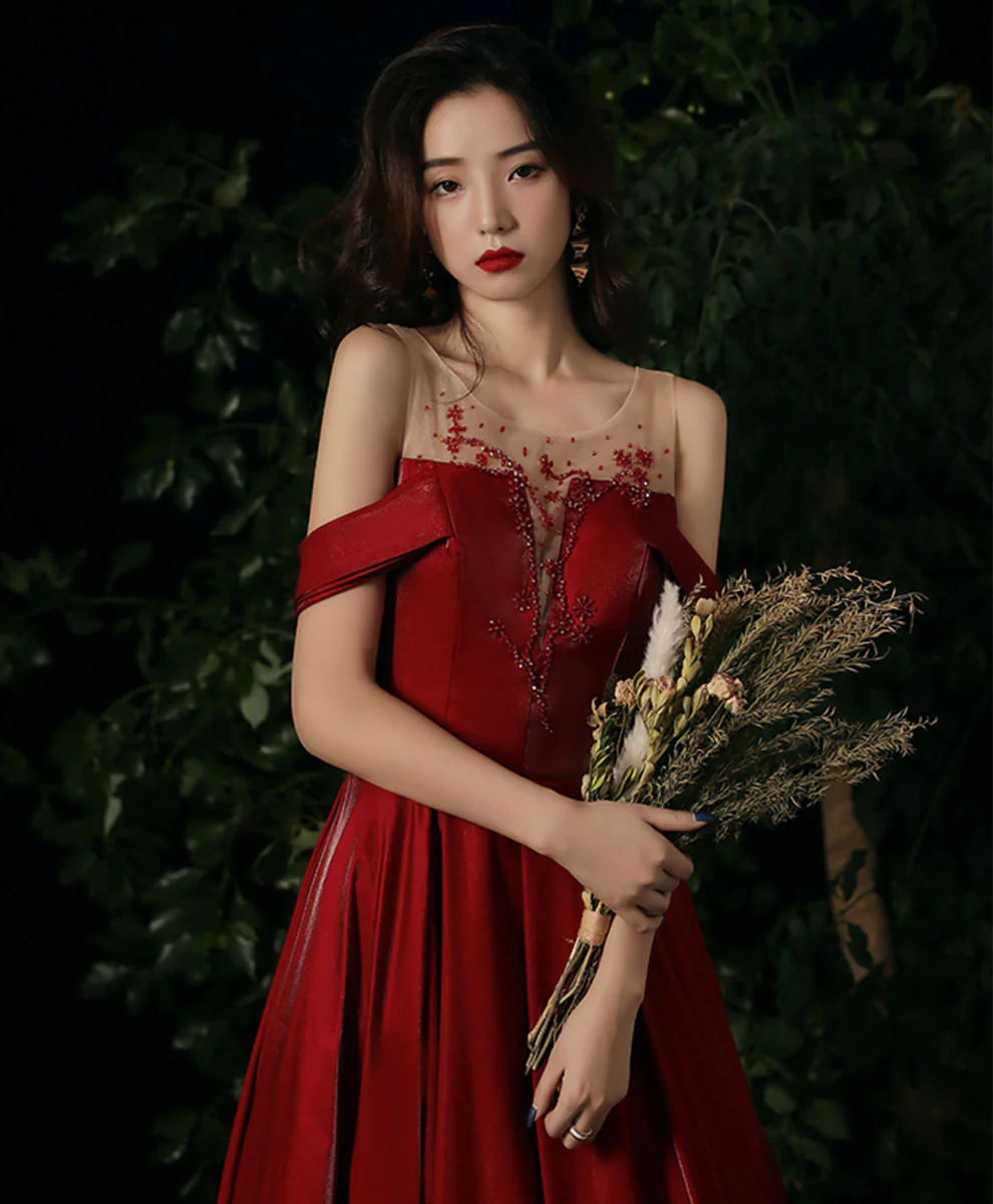 Burgundy Round Neck Beading Long Prom Dress, Burgundy Formal Graduation Dress Y1404