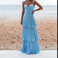 A-line Wide Straps Blue Sleeveless Floor Length Prom Dress,Blue Bridesmaid Dress Y981