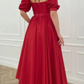 Red satin tea length prom dress Y238