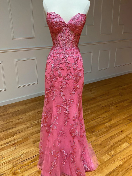 Sweetheart Neck Pink Mermaid Lace Prom Dresses, Pink Mermaid Lace Formal Graduation Dresses Y1549