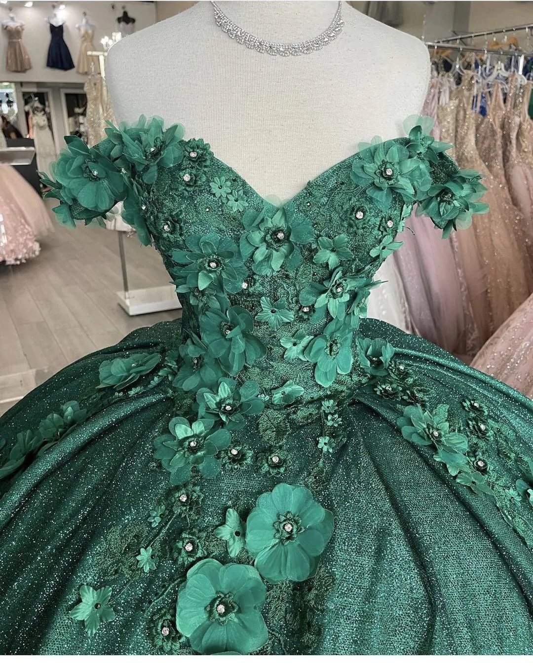 Off The Shoulder Green Ball Gown With Flowers Sweet 16 Dress Y1116