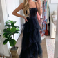 Elegant A-line Layered Tulle Black Prom Dress,Sheer Corset Long Evening Dress,Graduation Dress Y1765