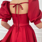 Red satin tea length prom dress Y238