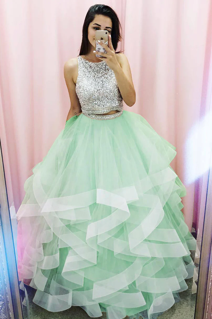 Princess Two Piece Champagne Prom Dress with Sequins Top Y943