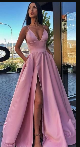 Different Colors A-line Satin Sleeveless Spaghetti Straps Slit Prom Dress  S7862